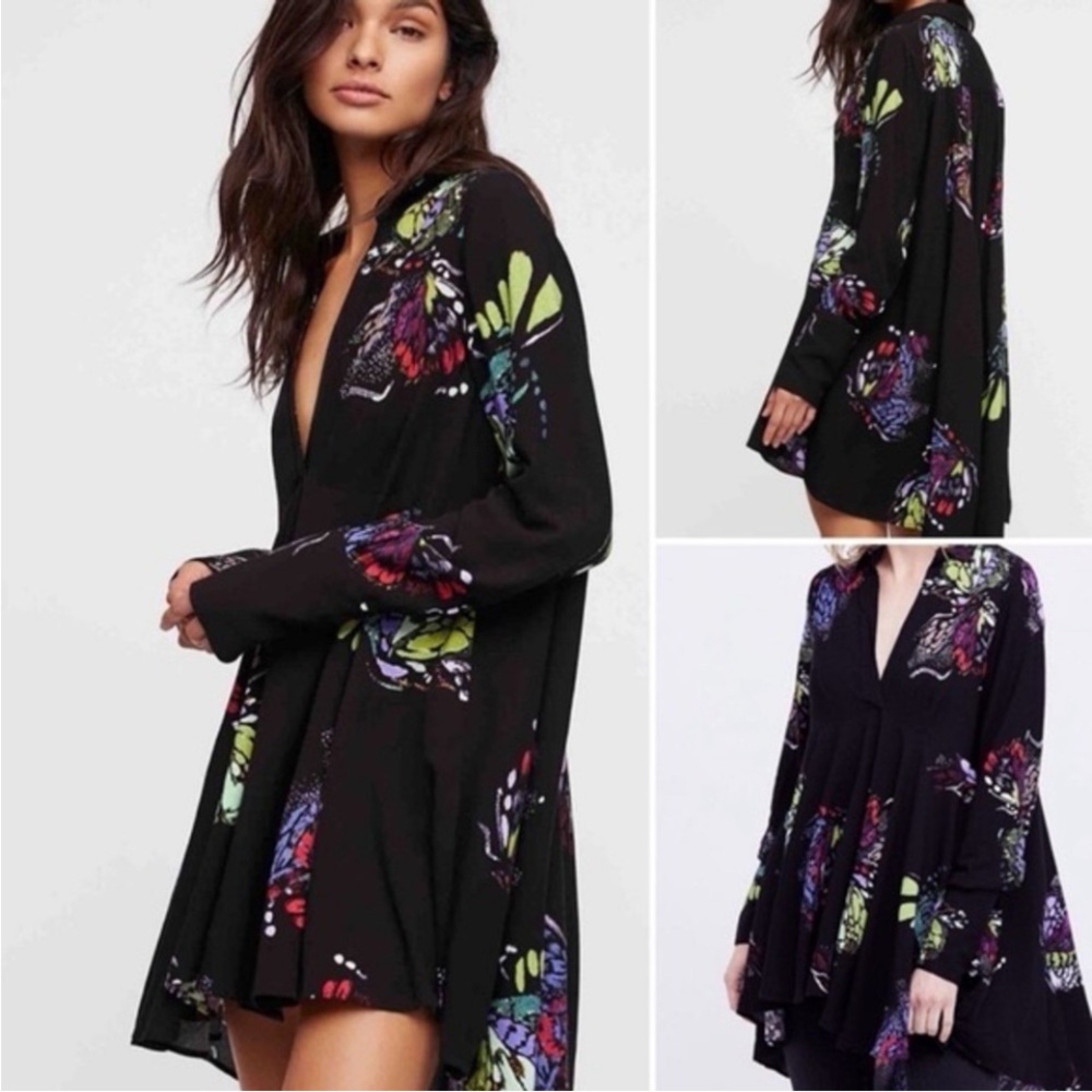 FREE PEOPLE Field Of Butterflies Printed Hi-Low Tunic Black Sz. Small